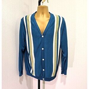Paul Jones Striped Cardigan Sweater Mens Size XL Retro Blue Long Sleeve Bowling